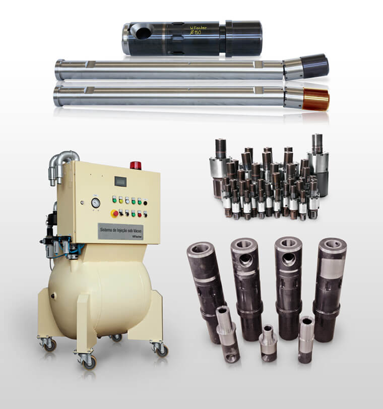  Câmara de Injeção, Câmara de Injeção com inserto de tungstênio, Câmara de Injeção de cerâmica, Pisto de injeção de liga de cobre, Pisto de injeção de aço, Sistema Rótula, Aparelho de injeção sob vácuo, Aparelho Pore Free. 